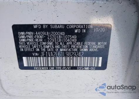 2020 Subaru Wrx Sti from USA, damaged, VIN JF1VA2E61L9829242